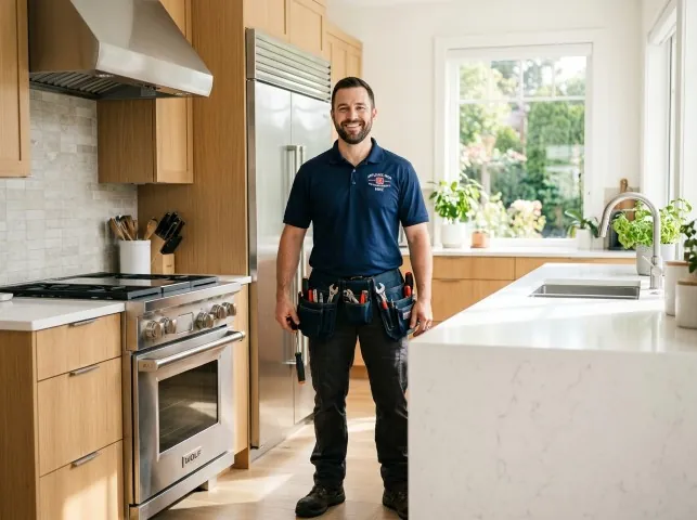 Appliance Repair Hero technician in a Adamsville, RI kitchen after an appliance repair