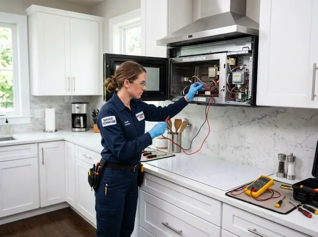 Appliance Repair Hero technician testing an over-the-range microwave in a Adamsville, RI kitchen